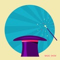 Magic hat and magic wand.Vector label for design Royalty Free Stock Photo
