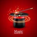 Magic Hat with Magic wand. Vector Magician perfomance. Wizzard show background