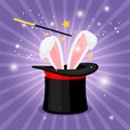 Magic hats with bunny ears. Magician hat with rabbit. Circus show, abracadabra wand. Vector illustration about wizard