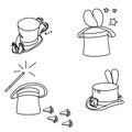 Magic hats and rabbit set, vector outline illustration on magicians theme Royalty Free Stock Photo