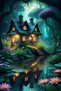 A magic house in a jungle of fairytale with magical scene, little river with reflection water, plants, flower, tree, 8k, printable Royalty Free Stock Photo