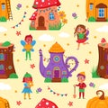 Magic houses seamless pattern. Little funny homes, fabulous creatures with flowers and garlands, cute fairies and elves