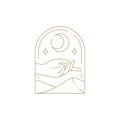 Magic human palm half moon and stars skin care meditation golden geometric frame line icon vector
