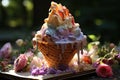 Magic ice cream in the midst of nature with colorful fairies., generative IA