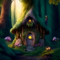 Magic illuminated wooden house in the forest with trees and flowers