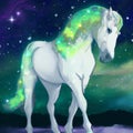 Magic illustration of a white horse in space