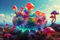 Magic Iridescent Colorful Jellys in the middle of landscape - Ai generated illustration