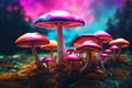 Magic Iridescent Mushrooms in the middle of landscape - Ai illustration