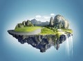 Magic island with floating islands, water fall and field Royalty Free Stock Photo