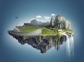 Magic island with floating islands, water fall and field Royalty Free Stock Photo