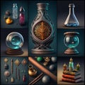 Magic items, esoteric, witchcraft set, isolated on black