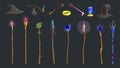 Magic items, mage and wizard. Equipment, magic staff with enchantments and spells. Light effects, lightning energy. Game inventory