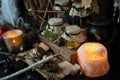 Magic items scene. Witchcraft objects Royalty Free Stock Photo