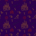 Magic items seamless pattern in hand draw style on violet background. School of witchcraft. Castle, cat, books, poison Royalty Free Stock Photo