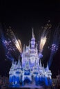 Magic Kingdom Cinderella Castle Blue and Purple Fireworks Orland Royalty Free Stock Photo