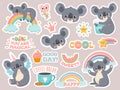 Magic koala stickers. Lazy australian koalas sleeping on rainbow. Patches with cute baby animal unicorns. Happy