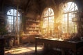 Magic laboratory with objects and experiments with huge windows. Generative AI Royalty Free Stock Photo