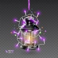 The Magic lamp of black color, surrounded by luminous garlands, realistic lamp on transparent background, vector Royalty Free Stock Photo