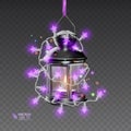 The Magic lamp of black color, surrounded by luminous garlands, realistic lamp on transparent background, vector Royalty Free Stock Photo