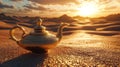 Magic Lamp In Desert With Dunes Background. Wish And Dream Royalty Free Stock Photo