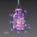 The Magic lamp of purple color, surrounded by luminous garlands, realistic lamp on transparent background, vector Royalty Free Stock Photo