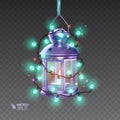 The Magic lamp of purple color, surrounded by luminous garlands, realistic lamp on transparent background, vector Royalty Free Stock Photo