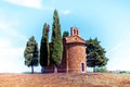 Magic landscape with chapel of Madonna di Vitaleta in San Quirico d\'Orcia (Val d\'Orcia) in Tuscany Royalty Free Stock Photo
