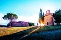 Magic landscape with chapel of Madonna di Vitaleta on a sunny day in San Quirico d`Orcia Val d`Orcia in Tuscany, Italy. Royalty Free Stock Photo