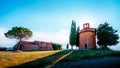 Magic landscape with chapel of Madonna di Vitaleta on a sunny day in San Quirico d`Orcia Val d`Orcia in Tuscany, Italy. Royalty Free Stock Photo