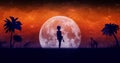 Magic landscape a night Africa with a silhouette of girl on the background of the starry sky and big moon