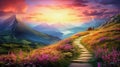 magic landscape with a path in a pink flower flield, mountainscape and a moody sunset