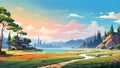 Magic landscape with river, cottage, woods and mountains- Ai illustration Royalty Free Stock Photo