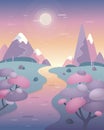 Magic landscape. River, waves, trees and mountains at sunrise. Vector illustration.