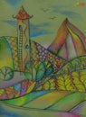 Magic landscape with tower and trees in the colorful mountains. Fairytale. Bright drawing by colored pencils