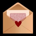 Magic letter. Open paper envelope with Valentine card. Romantic message. Holiday invitation postcard. Sending