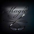 magic lettering with mustache and magic wand on black Royalty Free Stock Photo