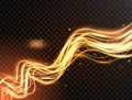 Magic light. Gold wavy dynamic lines with sparkles on transparent background. Futuristic waves in speed motion. Glowing swirl trai