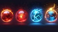 Magic light orb - game energy sphere with fire and lightnings. Realistic modern illustration set with glowing red and Royalty Free Stock Photo