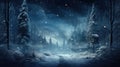 Magic lights and snow in forest at Christmas night in winter, fairy tale landscape with snowy road, trees and stars. Scenery of Royalty Free Stock Photo