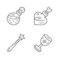 Magic linear icons set. Magical death and love potions, witch wand, ceremonial chalice. Witchcraft, occult ritual item