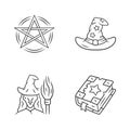 Magic linear icons set. Pentagram, wizard hat, witch, spell book. Witchcraft, occult ritual items. Mystery objects. Thin