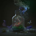 Magic liquid in glass flask. Green liquid, smoke, red droops onside bottle. Fairytale potion staying on grey table Royalty Free Stock Photo