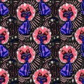 Magic living dead contemporary bone zombie three eye Cat demon seamless pattern. Retro modern kitty aesthetic background Royalty Free Stock Photo