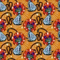 Magic living dead contemporary bone zombie three eye Cat demon seamless pattern. Retro modern kitty aesthetic background Royalty Free Stock Photo