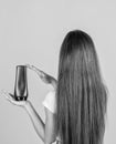 Magic look. shampooing hair in salon. daily habits and personal care. child use shampoo in bottle. hair conditioner Royalty Free Stock Photo