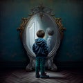 Magic magic mirror. A little boy looks in the mirror and sees himself already old and gray-haired. Witchcraft, miracle, trick