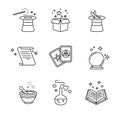 Magic and magician tools. Thin line art icons set