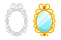 Magic mirror in cartoon style, vector illustration. Oval gold frame for game design. Fairy vintage mirror wich purple