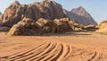 Magic mountain landscapes of Wadi Rum Desert, Jordan. Mountains in lifeless desert resemble Martian craters Royalty Free Stock Photo