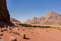 Magic mountain landscapes of Wadi Rum Desert, Jordan. Mountains in lifeless desert resemble Martian craters Royalty Free Stock Photo